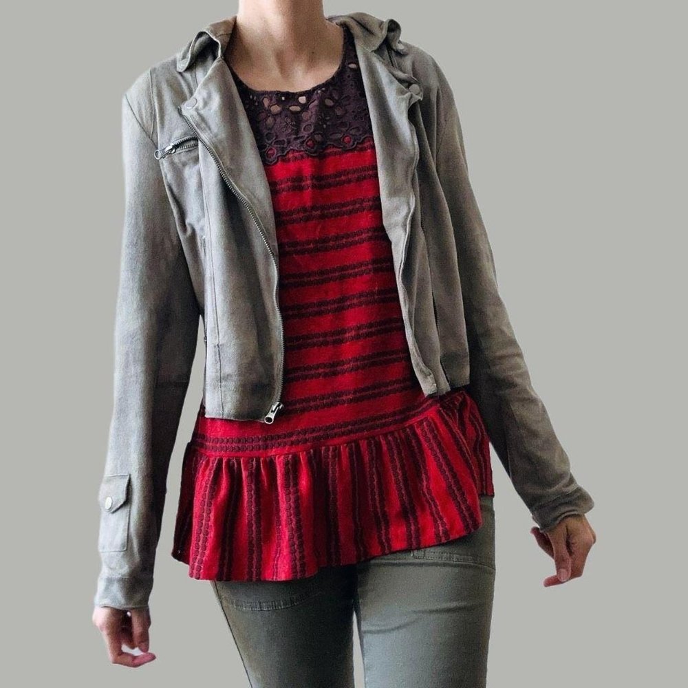 FREE PEOPLE Molly Retro Peplum Tank Top Floral Eyelet Stripe Red/Brown